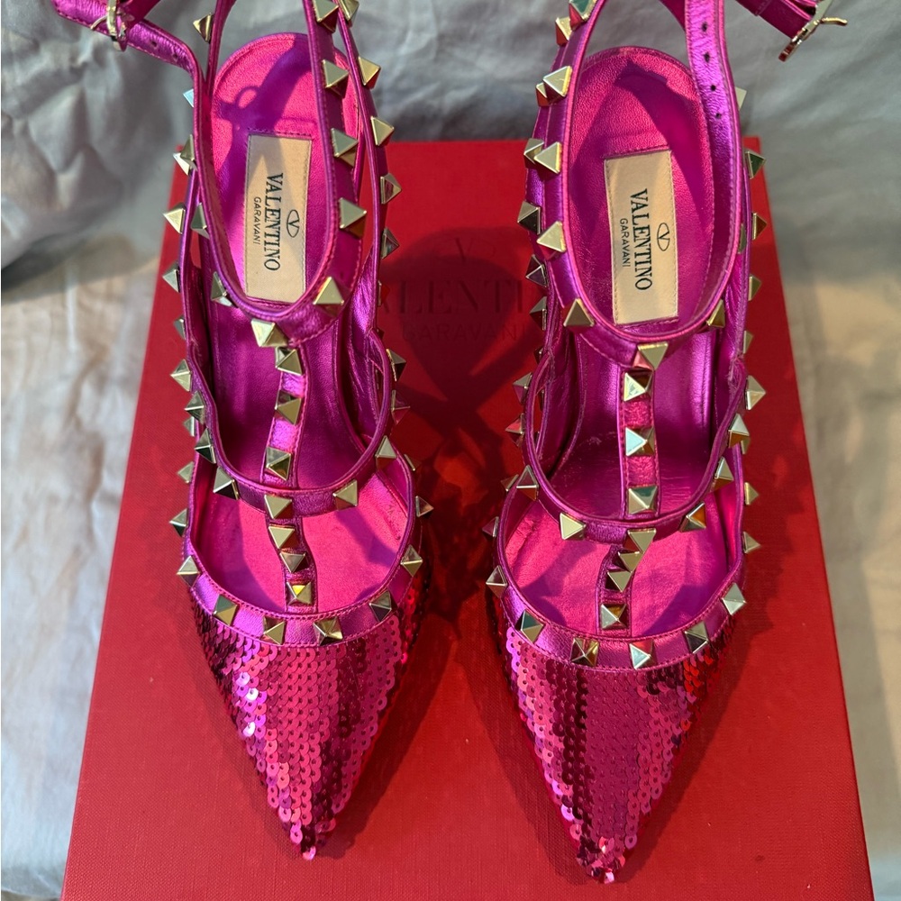Valentino Rockstud Pink Sequin Women's Shoes